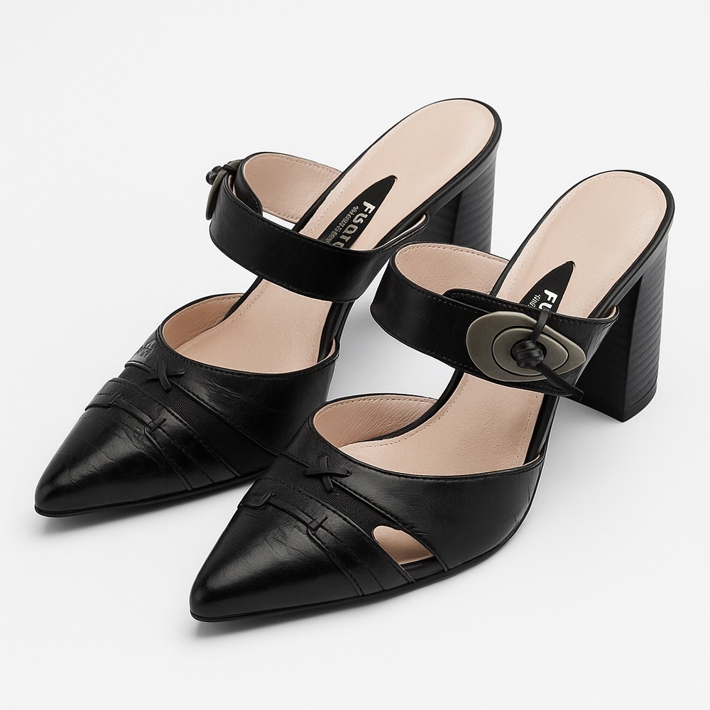 Vintage Fugitive 100% Leather Mules Black Silver Buckle Pointed Toe Size 39 8​